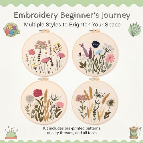 Harimau Adult Beginner Embroidery Starter Kit, Complete Set with 4 Patterns, 2 Hoops, Needles, Scissors, Instruction Guide & Stitching Video Tutorials - color: Floral3 pattern