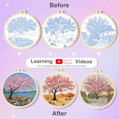 Huacan Embroidery Kit for Adults Beginners with 3 Hoops & Gift Box - color: Cherry Blossoms