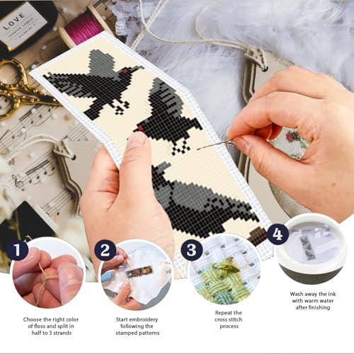 INFUNLY 6 Set Halloween Cross Stitch Bookmark Kit Black Crow DIY Embroidery Bookmarks for Readers 22x8cm/8.67x3.14 Handmade Cross Stitch Bookmarks with Thread Kit Gifts for Book Lovers Adults - style: Halloween