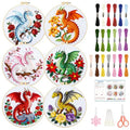 BEUNITONE 6 Set Embroidery Kits for Beginners with Dragon Pre-Print Pattern - style: Dragon