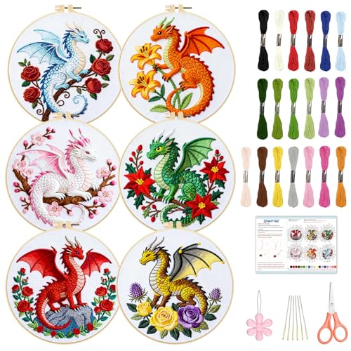 BEUNITONE 6 Set Embroidery Kits for Beginners with Dragon Pre-Print Pattern - style: Dragon