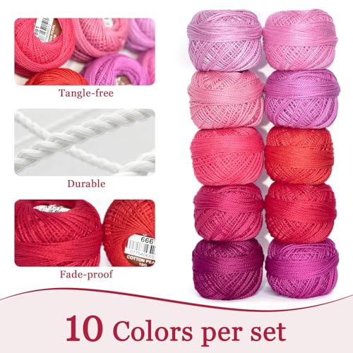 Double Mercerized Egyptian Long Staple Cotton Pearl Thread Ball 10 Grams Rainbow Color Embroidery Thread 10 Colors per Box for Crochet Hardanger Cross Stitch Hand Embroidery,red Series - color: red series