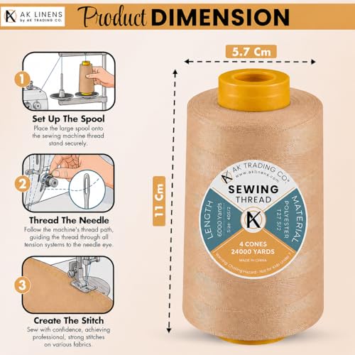 AK Trading 4-Pack Light TAN All Purpose Sewing Thread Cones (6000 Yards Each) of High Tensile Polyester Thread Spools for Sewing, Quilting, Serger Machines, Overlock, Merrow & Embroidery. - color: LIGHT TAN