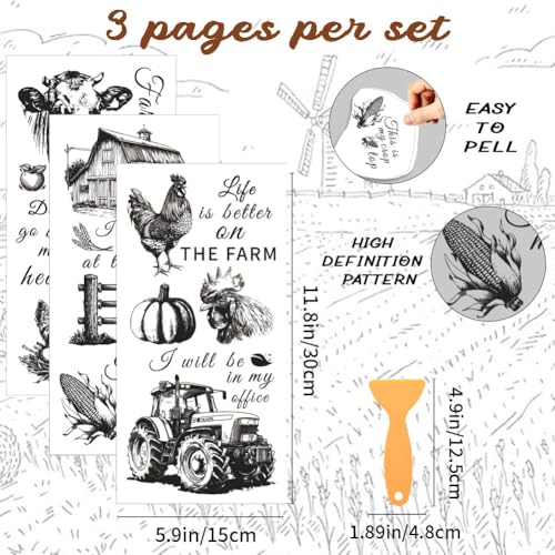 3 Sheet Sketch Farm Rub on Transfers for Crafts and Furniture - style: Farm-Black and White