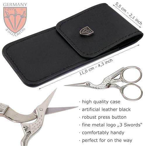 3 Swords Germany - Embroidery Scissors, Stork Scissors Shears for Art Work, Daily Use in Household, Sewing, crocheting, Art Work, Craft, needle work with black Synthetic Leather case