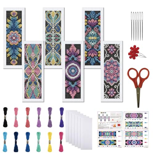 FREEBLOSS 6 Set Cross Stitch Bookmark Kit 11 CT Complete Stamped Cross Stitch Kit DIY Embroidery Bookmark Kits for Adult Beginners with Instructions, Retro Floral Pattern, 6 x 20 cm/8" x 2.4" - style: Retro Black Background
