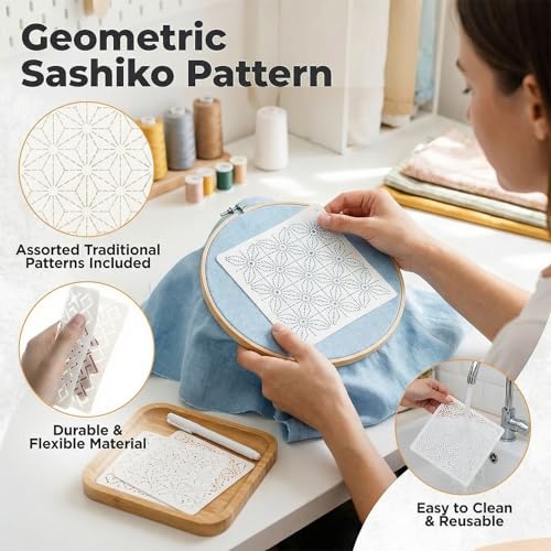 70 Pcs Sashiko Stencil Kit Plastic Sashiko Embroidery with Threads