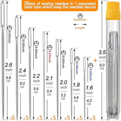 JollMono 35PCS Stainless Steel Large Eye Hand Sewing Needles, 7 Sizes with Threaders for Leather Embroidery Crafts - color: 35 pack