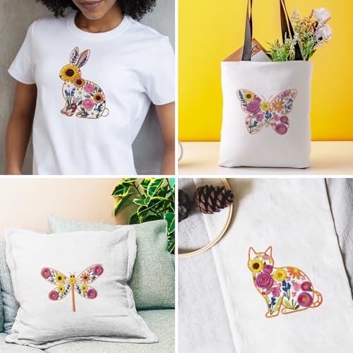 INFUNLY 6 Pack Animal Flowers Embroidery Starter Kit for Beginners Butterfly Cat DIY Embroidery Kits for Adults Rooster Squirrel Stamped Needlepoint Set with Step-by-Step Instruction Craft Lover Gift - style: Animal Flowers