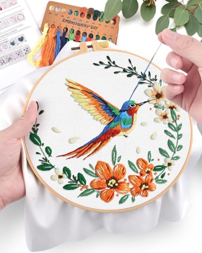 ERKOON Embroidery Kit for Beginners, Hummingbird and Flower Cross Stitch Set for Include Embroidery Cloth Hoops Threads for Craft Lover Hand Stitch (Colorful Hummingbird) - color: Colorful Hummingbird