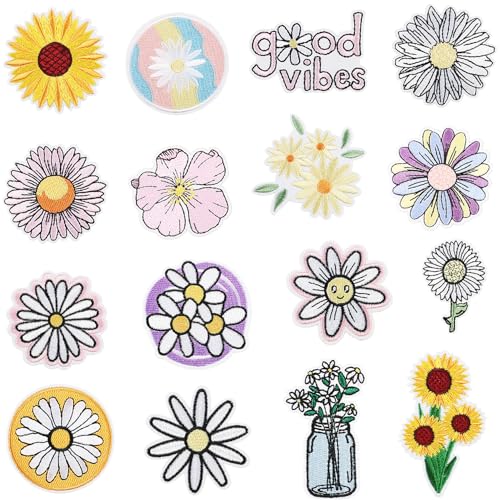 16pcs Daisy Iron/Sew on Patches, Cute Flower Embroidered Applique, Fashion Decoration for Clothes, Hat, Bag, Dress, Shirt, Jeans - color: 16pcs Daisy