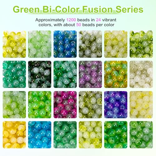 XSEINO About 1200+ pcs 6mm Glass Beads Green Bi-Color Bracelet Making Kit - color: Green Bi-Color Fusion Series
