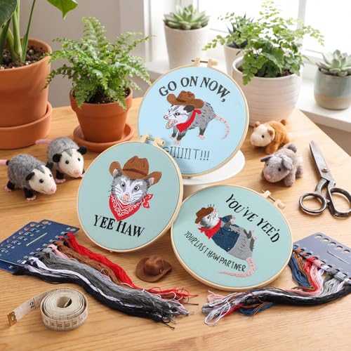 Mindsoft 3 Set Needlepoint Kit for Beginners with Hoop,Cowboy Possum - style: Cowboy Possum