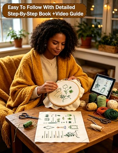 Linhao Jew Embroidery Stitch Book Kit for Beginners, Embroidery Starter Set for Adults DIY Hand Sewing Kits with Threads&Tools，Step-by-Step Video Tutorials