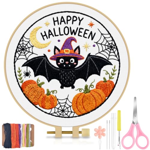 TINDTOP Halloween Embroidery Kit for Adult, Embroidery DIY Starter Kit, with Stamped Patterns, Hoop, Tools, Colorful Threads with Needles, Instructions (Halloween D) - color: Halloween D