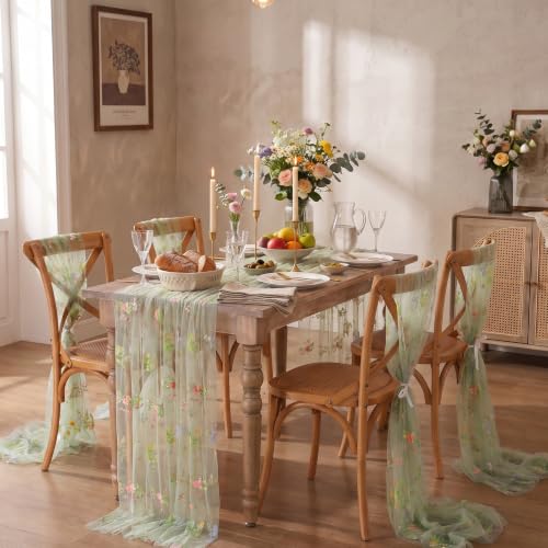 Floral Gauze Table Runner Green 10ft Embroidery Tulle Spring Wildflower - color: Green, size: 27"x120",1pc