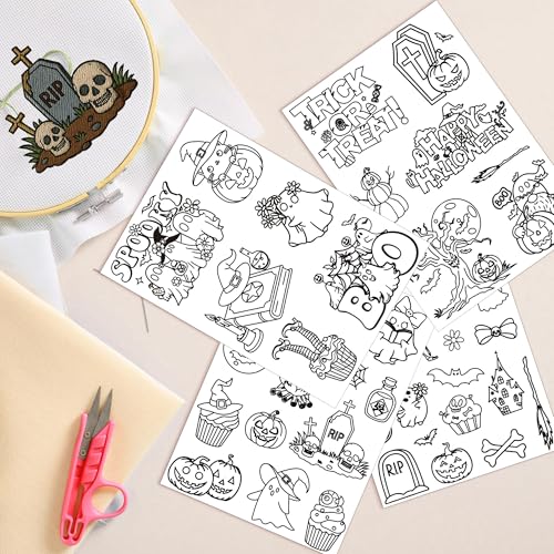 Water Soluble Stabilizer Embroidery Pattern - Halloween Stick & Stitch Embroidery Paper Wash Away, Ghost, Pumpkin Hand Sewing Embroider Patterns for Jean Bag T-Shirt (4 Sheets) - style: Ghost905