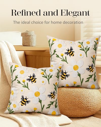 Embroidered Throw Pillow Covers 18x18 Inch, 2Pack, Flower Bee - color: Flower Bee, size: 18" x 18" (Pack of 2)