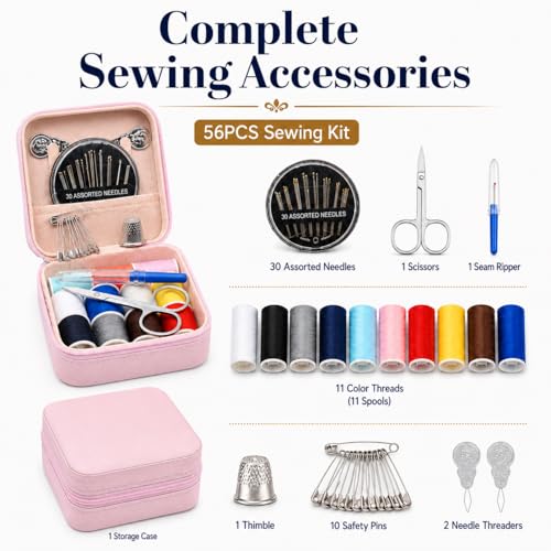 56 Pcs Portable Sewing Kit, Needle and Thread Kit with PU Leather Case, Basic Sewing Kit and Hand Seeing Kit with Scissors, Seam Ripper, Safety Pins for Travel Home Repairs(Pink) - color: Pink