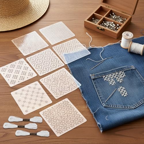 24 Pc Sashiko Stencil Kit with Thread Needles Thimble Embroidery Template