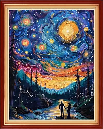 Funchey Stamped Cross Stitch Kits, DIY Cross Stitch Pattern for Adults Beginners Needlepoint Kits Embroidery Kit Arts and Crafts 11CT-Romantic Couples Under the Starry Sky 16x20 inch - color: Handicraft patterns05