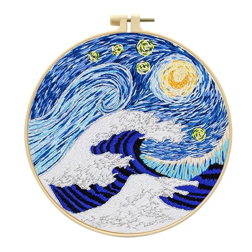 Zhenqing Ocean Wave Embroidery Kit for Beginners, Starry Sky Needlework Kit with Pre-Printed Fabric, Hoop, Threads & Tools, Celestial Wall Decor (S-CX0470) - color: Wave & Starry Sky