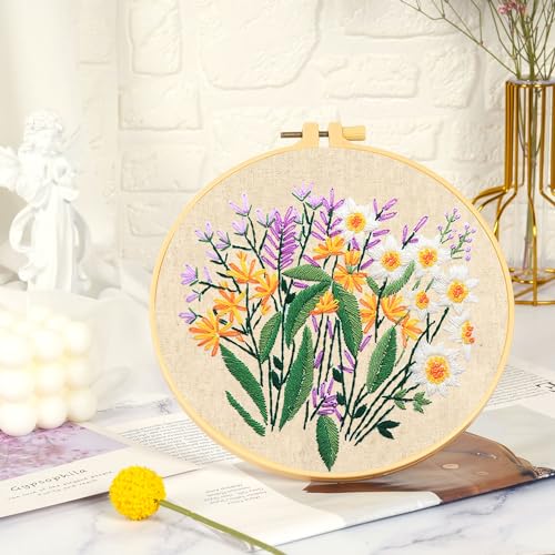 MAMUNU Embroidery Kit for Beginners Adults, Cross Stitch Kits, Stamped Cross Stitch Kits, Floral Flower Embroidery Kit with Printed Embroidery Cloth, Embroidery Hoop, Color Threads and Tools - color: Flower