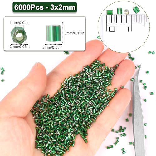 6000pcs Green Bugle Beads Bulk, Embroidery Tube Short Beads for Jewelry Making, Bracelet,Necklaces Supplies,Craft DIY(3x2mm) - color: Grass green