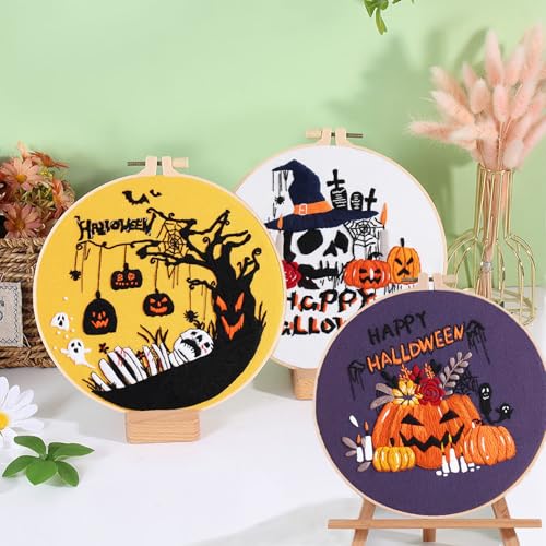 Ohcol 3 Sets Halloween Embroidery Kit,Needlepoint Kits for Adults with Clear Instructions - color: Halloween