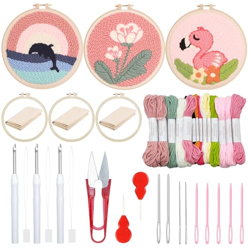 Woohome Punch Needle Kit Included Plastic Hoops, Punch Needle Cloth, Color Yarn and Punch Needle Tools for Adults, Beginners (Whales, Flowers, Bird) - color: Color 13