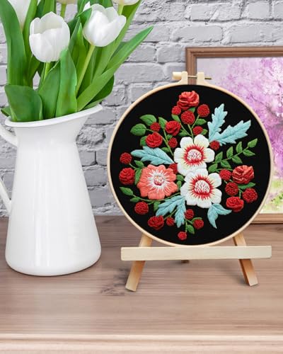 ERKOON Embroidery Kit for Beginners, Flower Cross Stitch Set for Include Embroidery Cloth Hoops Threads for Craft Lover Hand Stitch with Embroidery Skill Techniques (Dream Black Cloth) - color: Dream Black Cloth