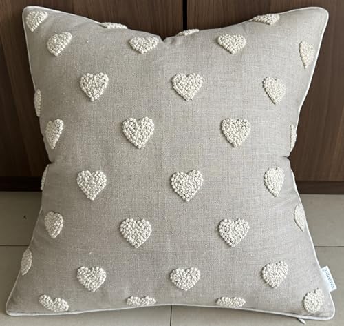VAGMINE Embroidered Tufted Heart 18x18 Throw Pillow Cover, Natural - color: Natural-french Knots, size: 18" x 18" (Pack of 1)