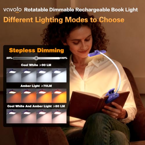 VAVOFO 24 LEDs Rotatable Book Light, Rechargeable Clip Reading Lamp - color: Dark Purple