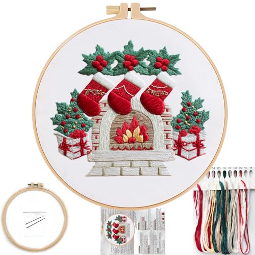 FONNUY Crewel Christmas Embroidery Kit for Beginners, Cross Stitch Set Winter Snow Scene Pine Owl Pattern for Adults, Easy to Follow Color Thread Needlework, 8'' Hoop (Fireplace) - style: Fireplace