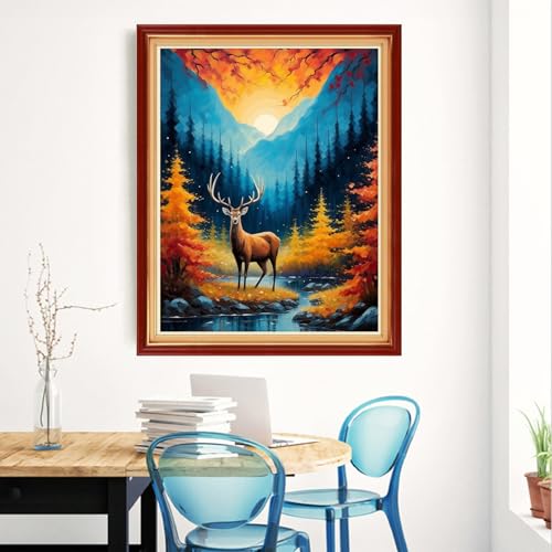 Magxvouy Cross Stitch Kits Stamped Full Range of Embroidery Kits,Cross Stitch Patterns Needlework Kits for Beginners 11CT Printed Kits&Mountain and River Deer 16x20 inch - color: Artcolor27