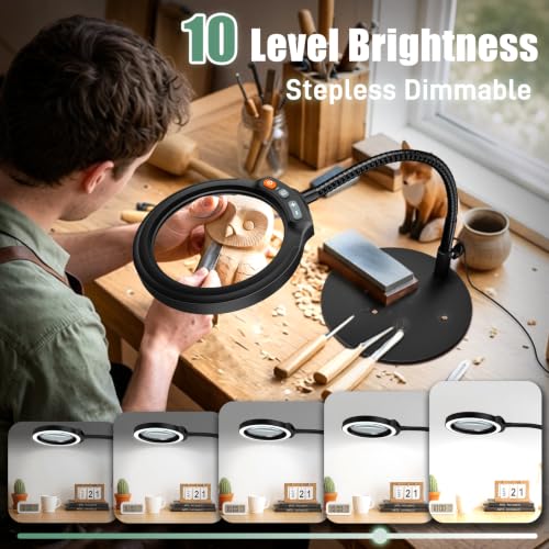 30X 10X Large Magnifying Glass with Light and Stand, 5-Inch Optical Grade HD Lens, 5 Color Modes Stepless Dimmable LED Desk Lamp, Hands Free Gooseneck Lighted Magnifier for Craft Painting Close Work - color: Black