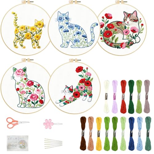 FREEBLOSS 5 Sets Embroidery Kit for Beginners Needlepoint Flower Cat Stamped Embroidery Starter Kit with Instructions, Needles, Threads, 2 Hoops 11.6"/29.5CM
