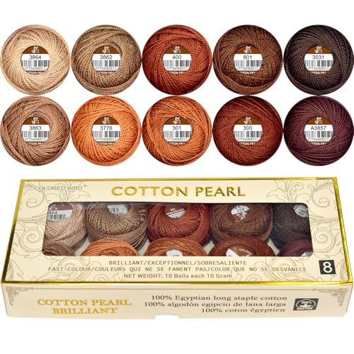 Double Mercerized Egyptian Long Staple Cotton Pearl Thread Ball 10 Grams Rainbow Color Embroidery Thread 10 Colors per Box for Crochet Hardanger Cross Stitch Hand Embroidery,caffee Series - color: caffee series