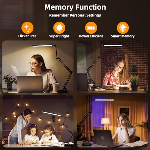 NOEVSBIG LED Desk Lamp with Clamp,2-in-1 Clamp on Desk Lamps with Base,50.7" Adjustable Swing Arm Architect Desk Lamp,Memory Function Desk Lights for Home Office,Workbench,Reading,Craft,Drafting