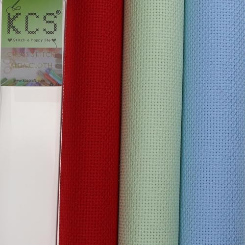 KCS 3 pc of 15" x 18"(38cmx45cm) Counted Cross Stitch Cotton Aida Cloth Needlework Rolled Fabric Box,18CT,Light Blue+Light Green+Red - color: Light Blue+light Green+red, size: 18CT