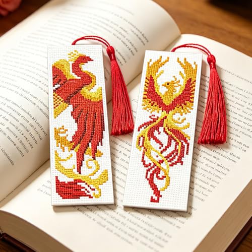 ACRNIGHEET 6PCS Cross Stitch Bookmark Kit for Beginner Stamped Cross Stitch Kits for Adults Phoenix DIY Tassel Embroidery Bookmark Kits Needlepoint Kit with Instructions Craft Gift 8.5''x3'' 11CT - style: Phoenix with Tassel