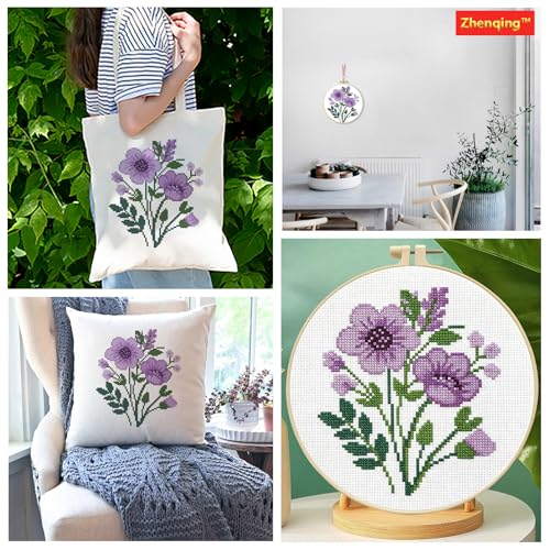 Zhenqing Purple Floral Bouquet Cross Stitch Kit for Beginners - 11CT 24x24cm Pre-Printed Pattern with Embroidery Hoop, Threads & Tools(70523) - color: Purple Floral Bouquet