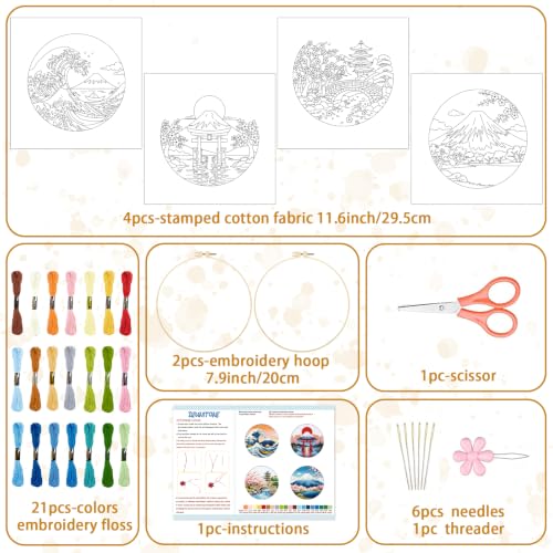 BEUNITONE 4 Pcs Embroidery Kit for Beginner, Ukiyo-e Style Landscape Wave Pattern Embroidery Materials, Cross Stitch Set with Cloth, Thread, Needle and Hoop Tools for Friendship Gift and Home Decor - style: C-Ukiyo Scenery