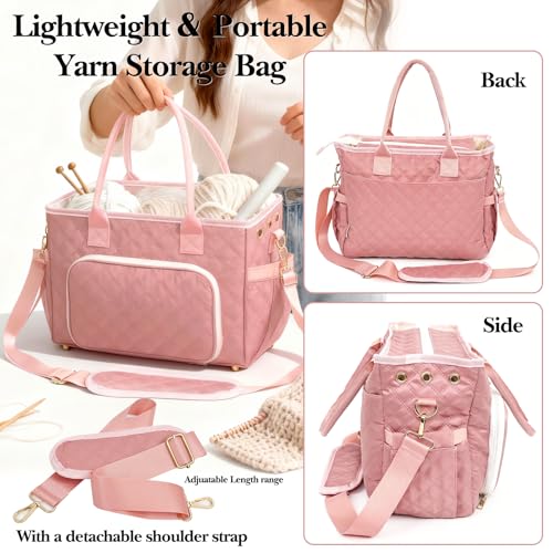 Crochet Bag Yarn Storage, Large Knitting Tote with Padded Crochet Hook Organizer, Tote with Multiple Compartments for Crochet Lovers, Knitting Accessories - color: Pink