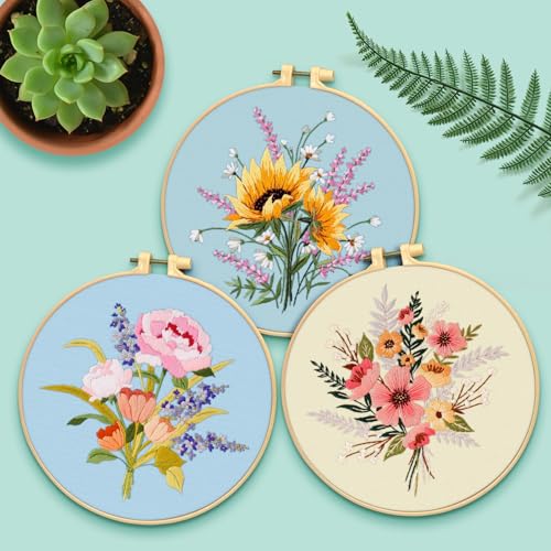 ERKOON Embroidery Kit for Beginners, 5 Sets Flower Cross Stitch Set for Adults Include Embroidery Cloth Hoops Threads for Craft Lover Hand Stitch with Skill Techniques (Bouquet) - color: Bouquet
