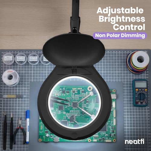 Neatfi Elite Super LED Magnifying Lamp with Clamp – 6” Glass Lens, 5D/12D Bifocal, 6500K Daylight | Glare-Free, Nonpolar Dimming | Reading, Crafting & Precision Work (6 Inch Lens, Black) - color: Black, size: 6 Inch Lens