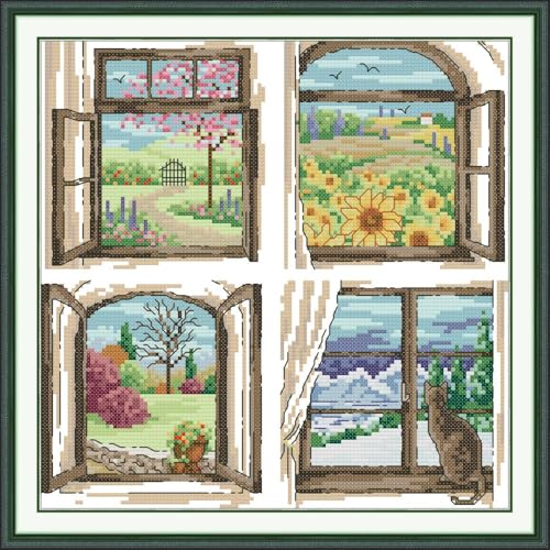 CaptainCrafts Cross Stitch Kits, Stamped Fabric Cross Stitching DIY Art DMC Needlecrafts Embroidery Kit for Adults Beginner (Outside The Window of The Four Seasons, Stamped) - color: Outside the Window of the Four Seasons, size: Stamped