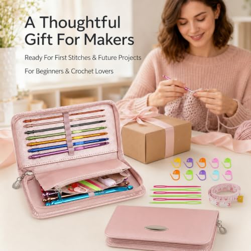 Coopay Crochet Hooks Set with Zipper Pouch, 16PCS Metal Crochet Needles - color: Pink