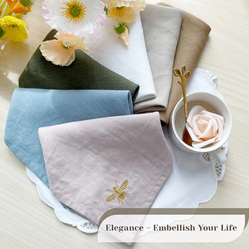 DerF HOME Embroidered Linen Napkins Set of 4, Light Pink 18x18 Inch - color: Light Pink-napkins(set of 4)