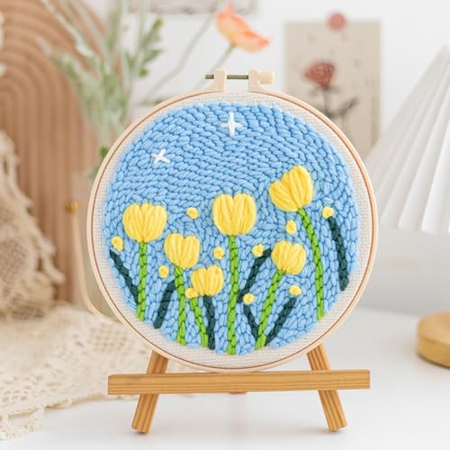 Woohome Punch Needle Kit Included Plastic Hoops, Punch Needle Cloth, Color Yarn and Punch Needle Tools for Adults, Beginners (9.Tulips and Chrysanthemums) - color: Color 10